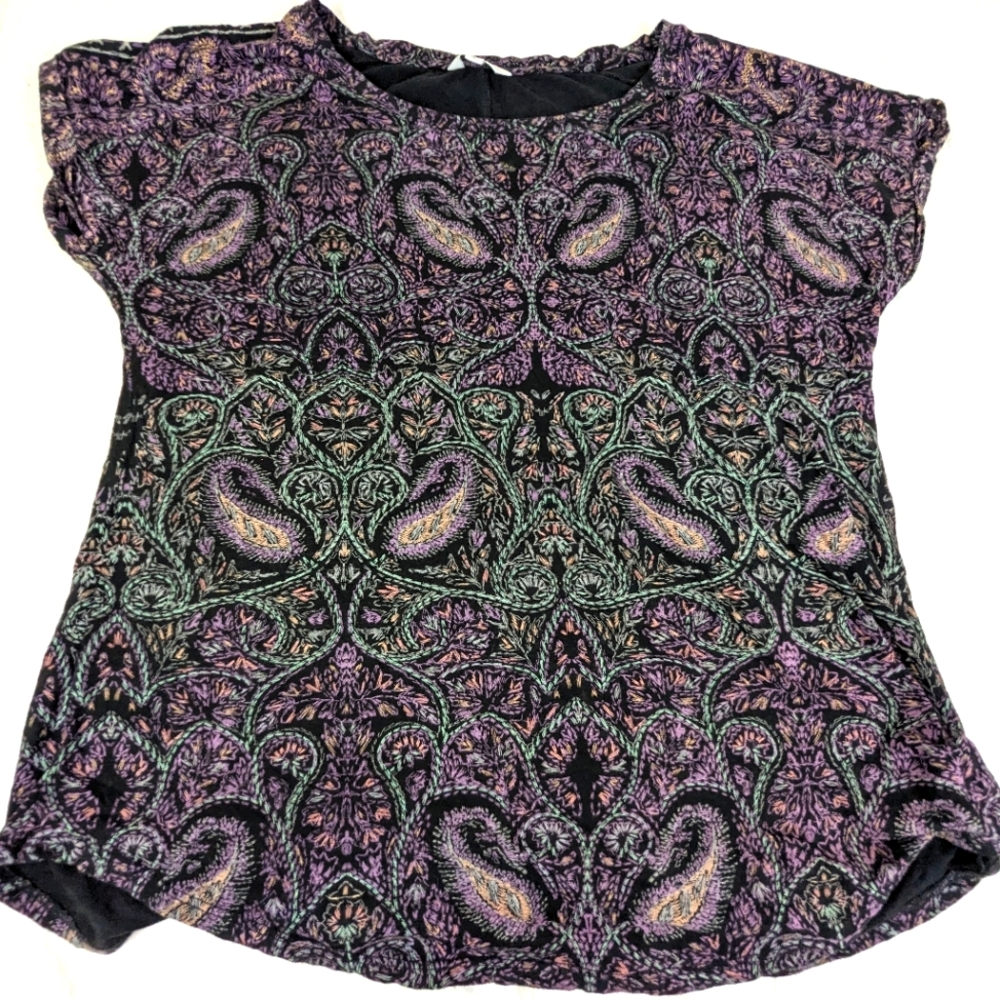 Lucky Brand Pink, Purple, Green Paisley Blouse with Split Back Large
